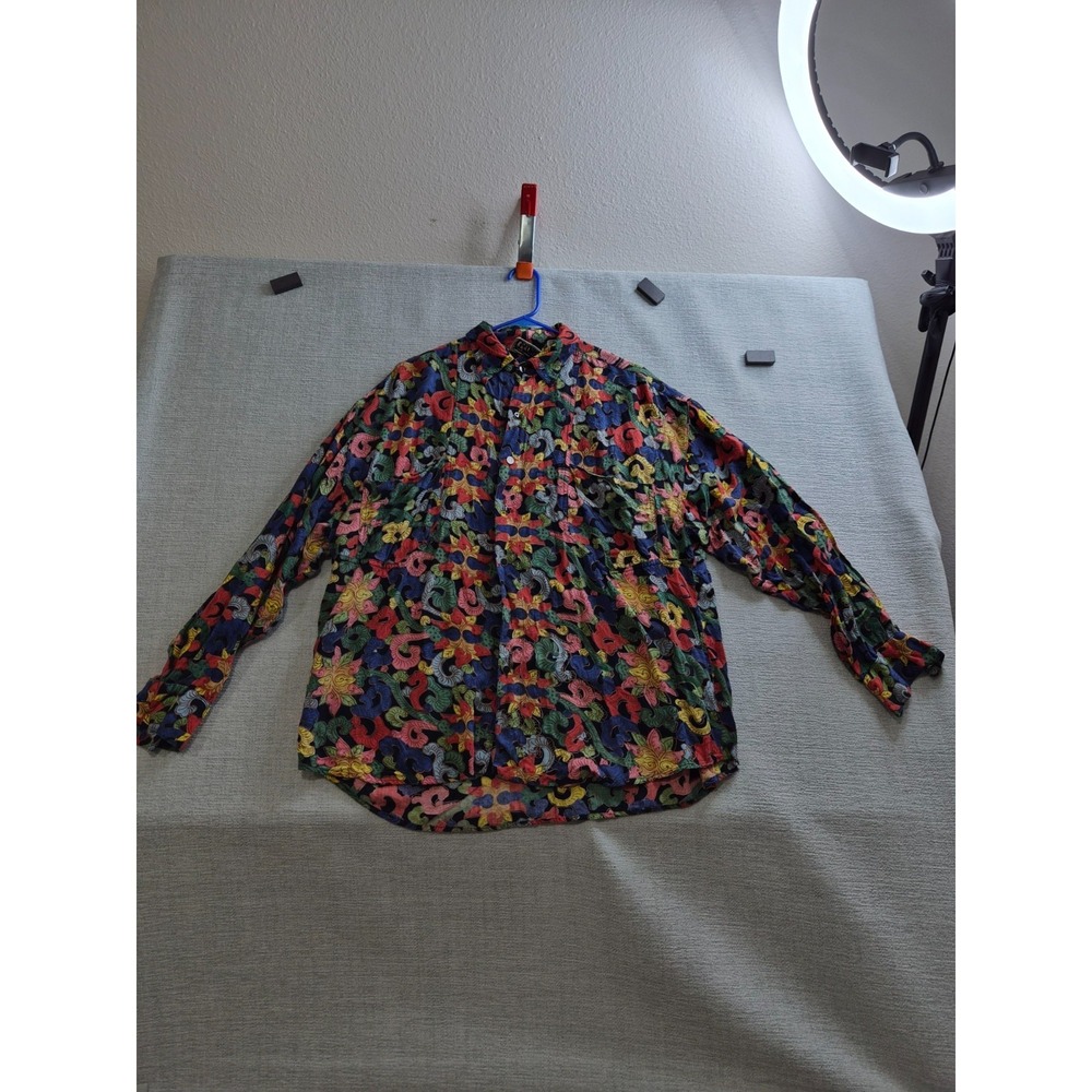 ParaGraff Shirt Mens Large Multicolor Abstract Floral Print Rayon Button Up